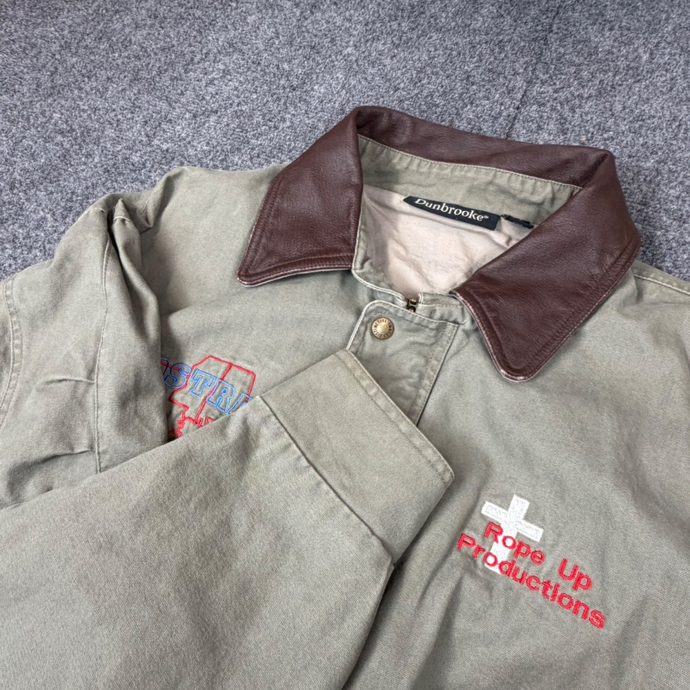 Dunbrooke Mens XL Canvas Work Jacket Leather Collar Olive Green Rope Up Bomber‎